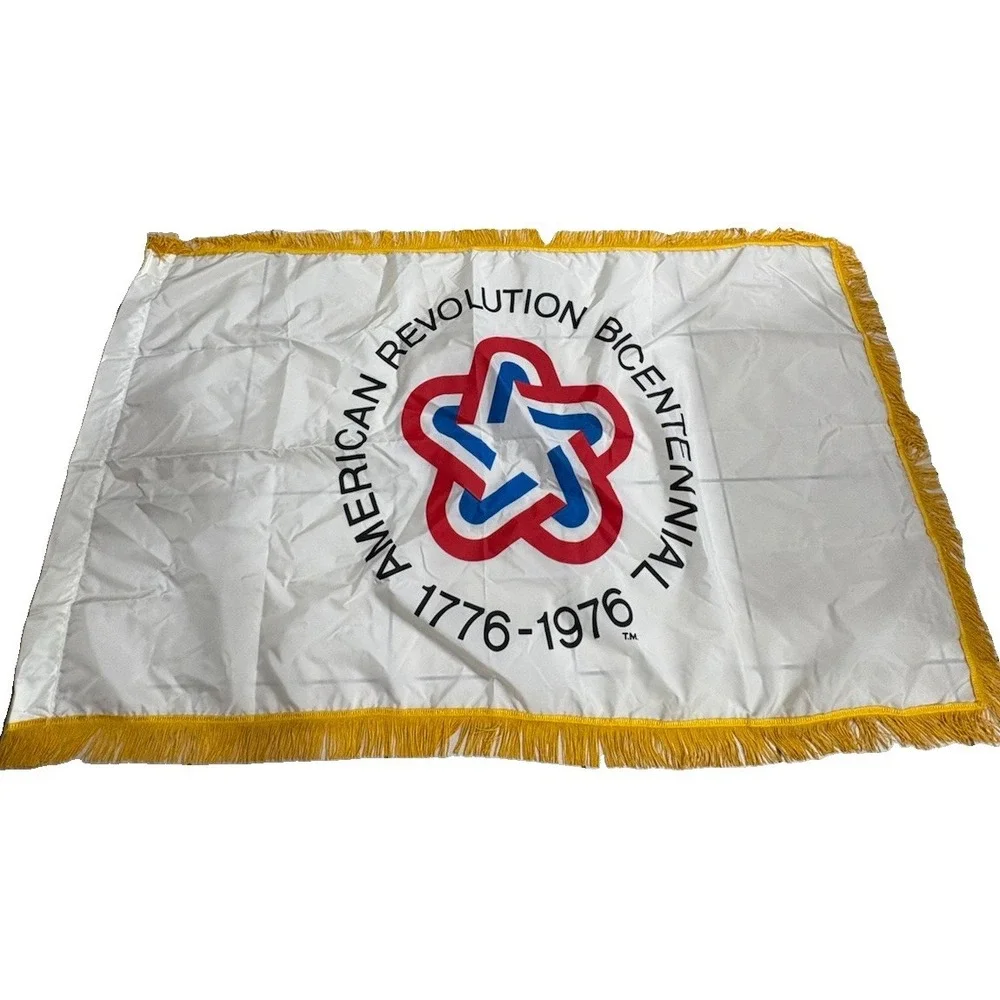 Vintage 1976 American Revolution Bicentennial 4x6 Nylon Flag Gold Fringe